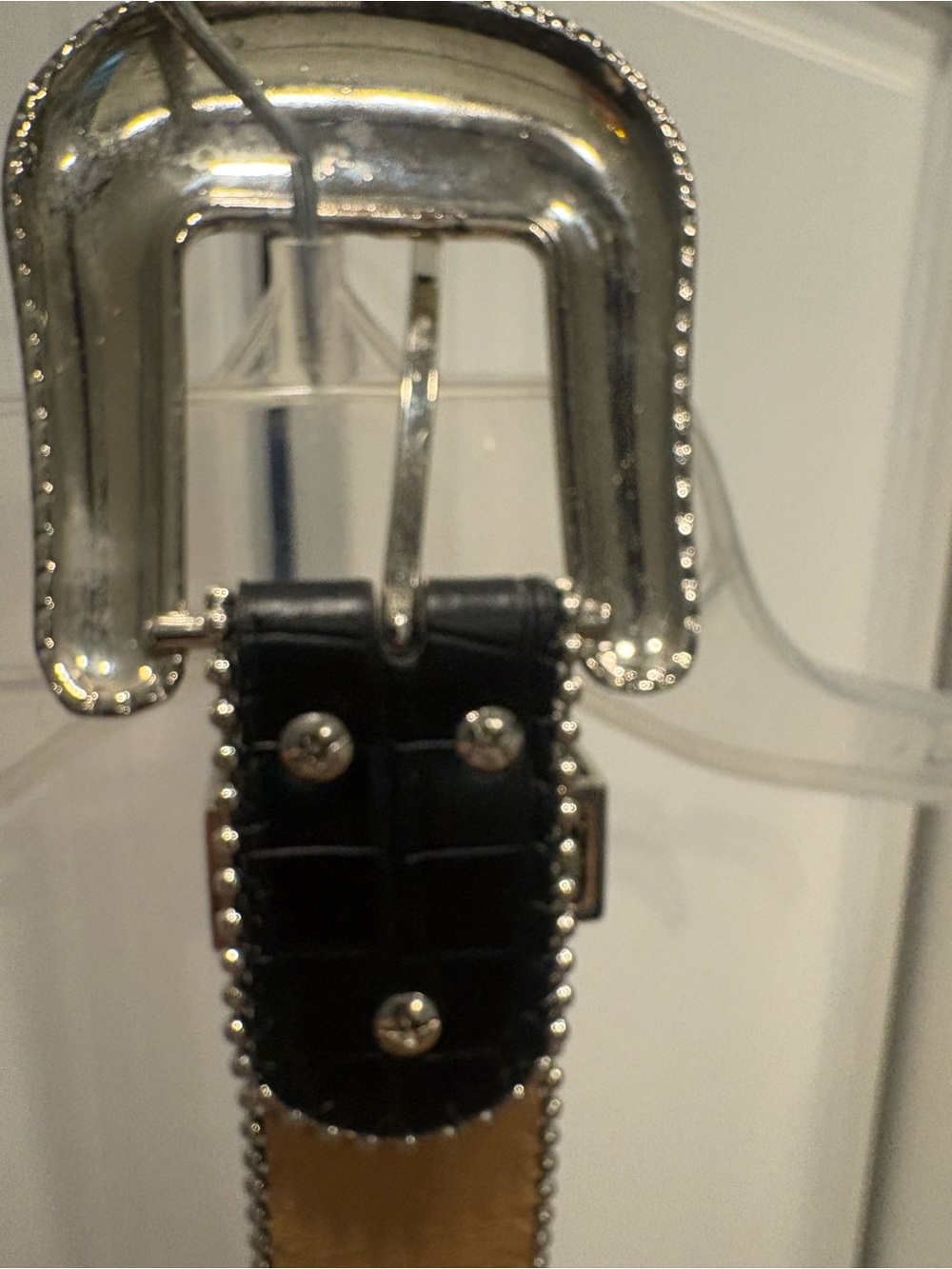 Black Studded Leather Western-Style Belt with Rhinestone Buckle - Picture 6 of 9